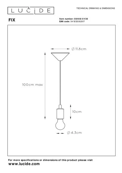 Lucide FIX - Pendant light - Ø 10 cm - 1xE27 - Black - technical